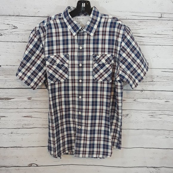 NEW IZOD Navy/Burgundy Plaid Short Sleeve Shirt - Picture 1 of 3